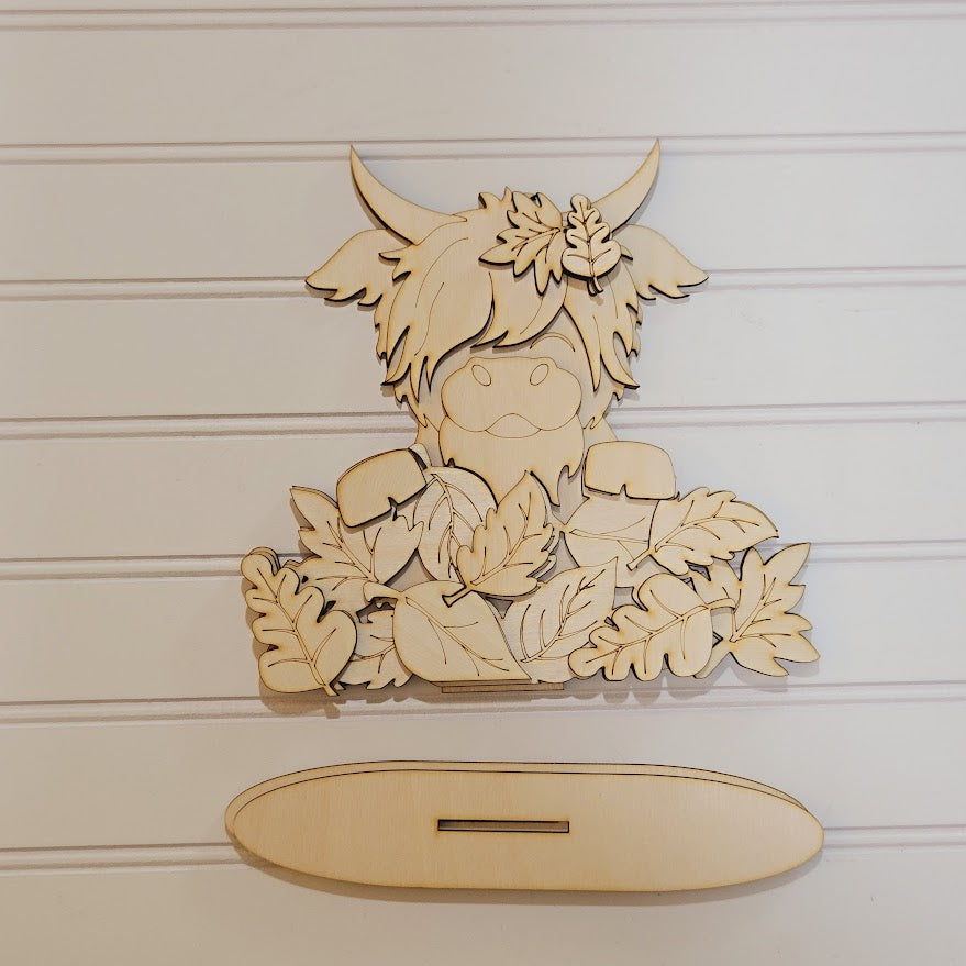 Highland Cow Leaf Pile Shelf Sitter DIY Blank