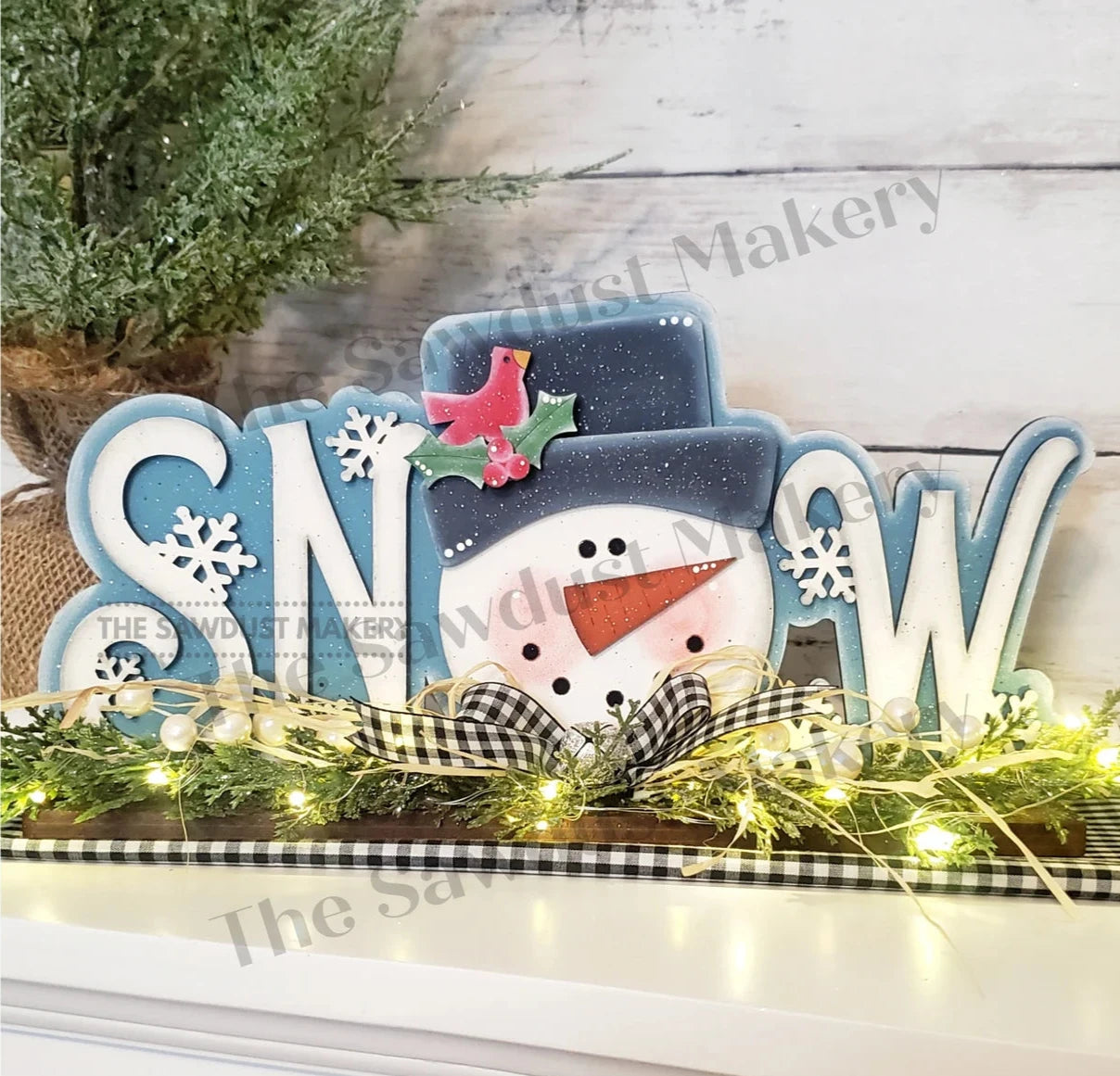 Snow Word Art Shelf Sitter w Garland and Fairy Lights- Paint Party