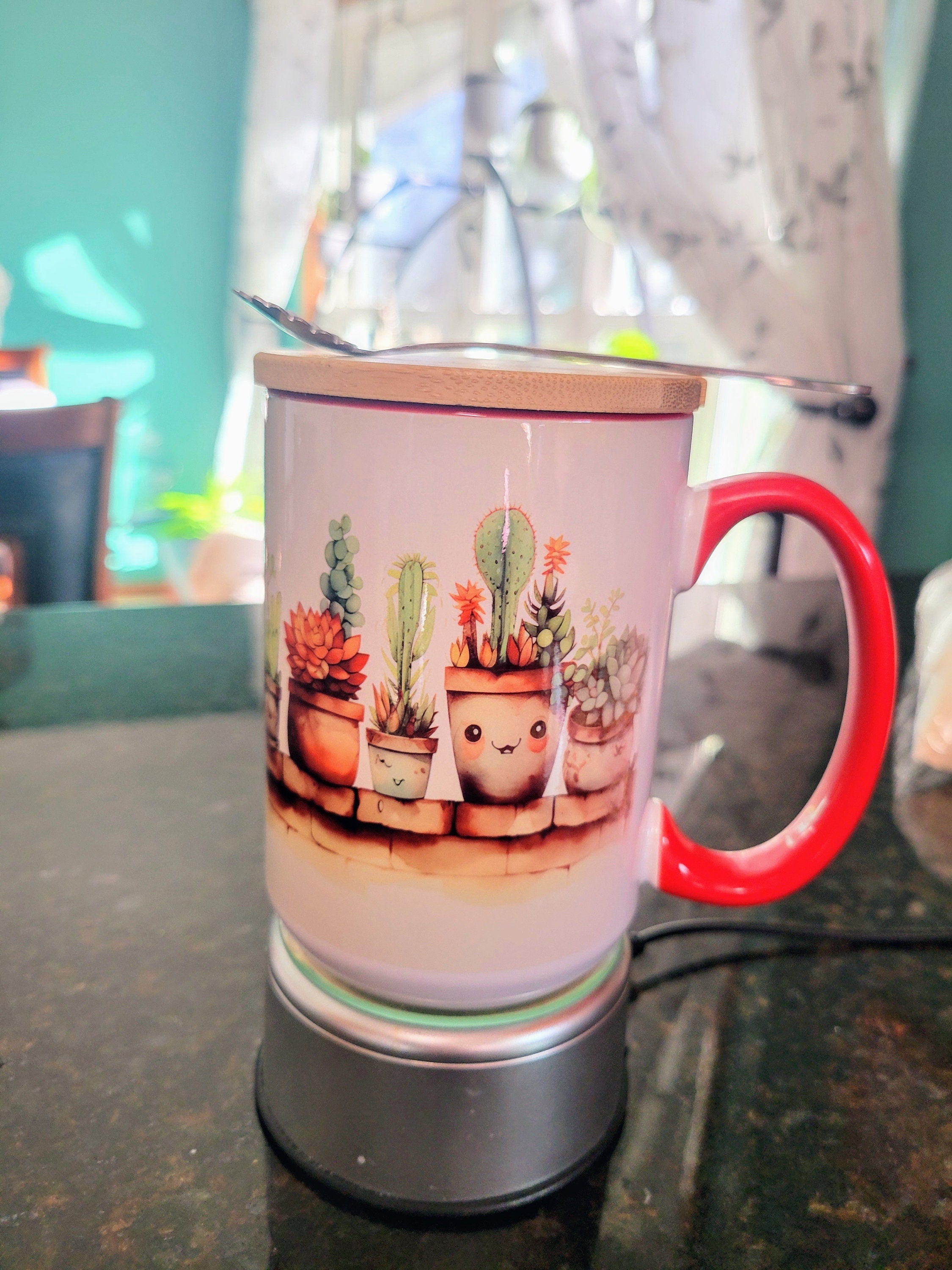 Happy Succulents 15 oz. Glass Coffee Mug sublimation, Fancy Spoon, Lid With Custom Engraved Option