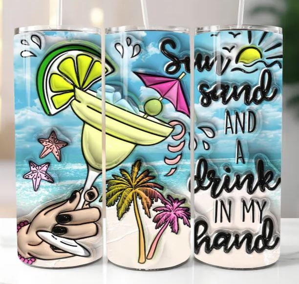 Sun, Sand and Drink in my Hand 20oz Sublimated Tumbler or 15oz Coffee Mug, coasters, mouse pad